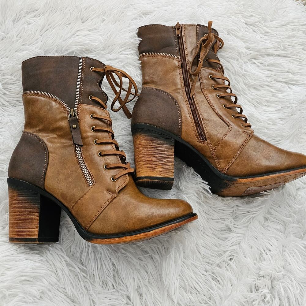 Pierre Dumas Ravenna Brown Tan Chunky Heel Lace Up Ankle Boots Size 10